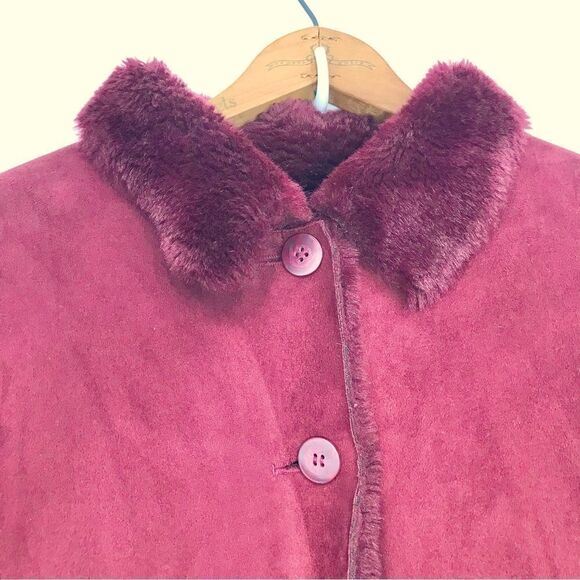 Maroon Faux Suede Burgundy Faux Fur Lined Button Up Holiday Jacket - Picture 16 of 16